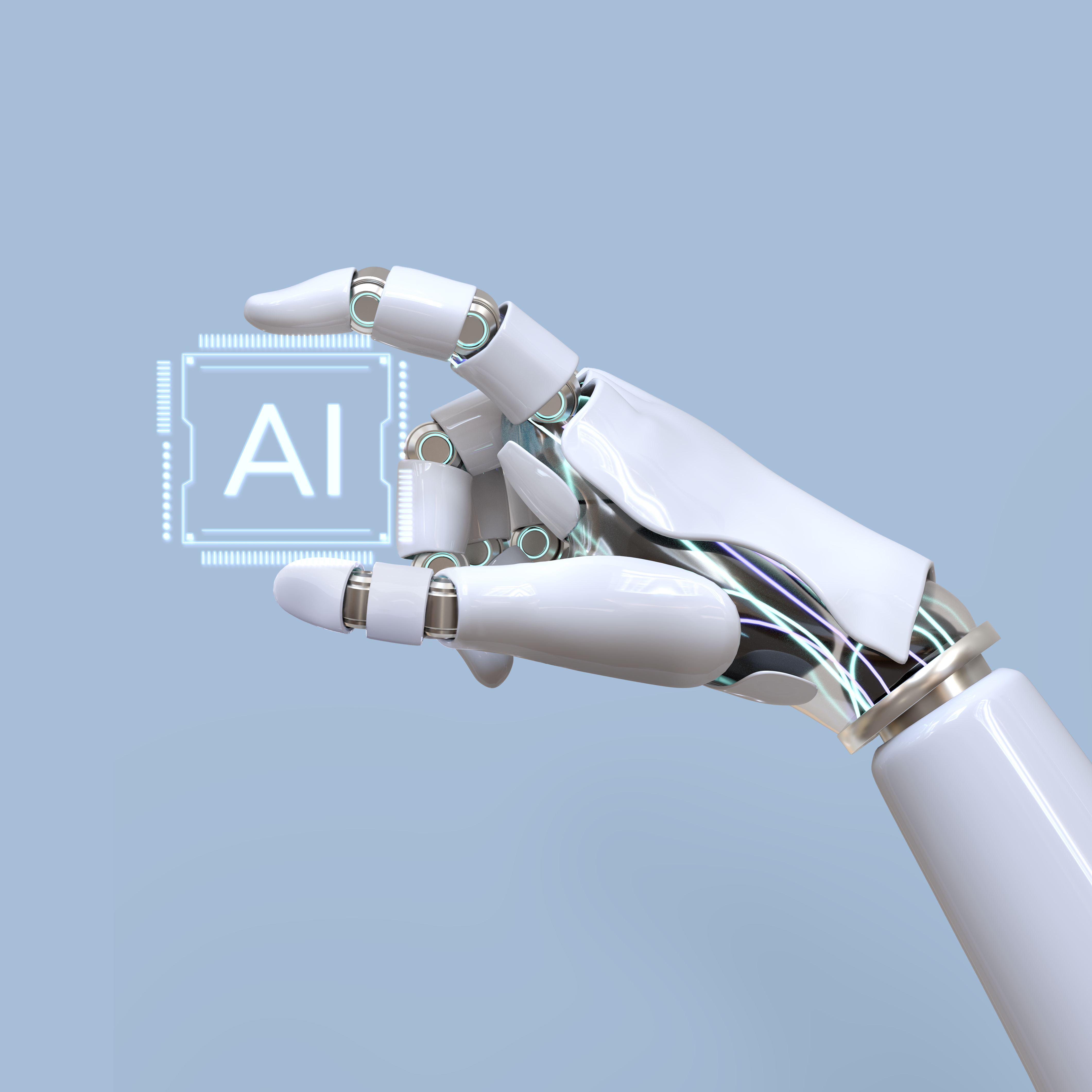 A robotic hand touching a holographic cube with AI written on it